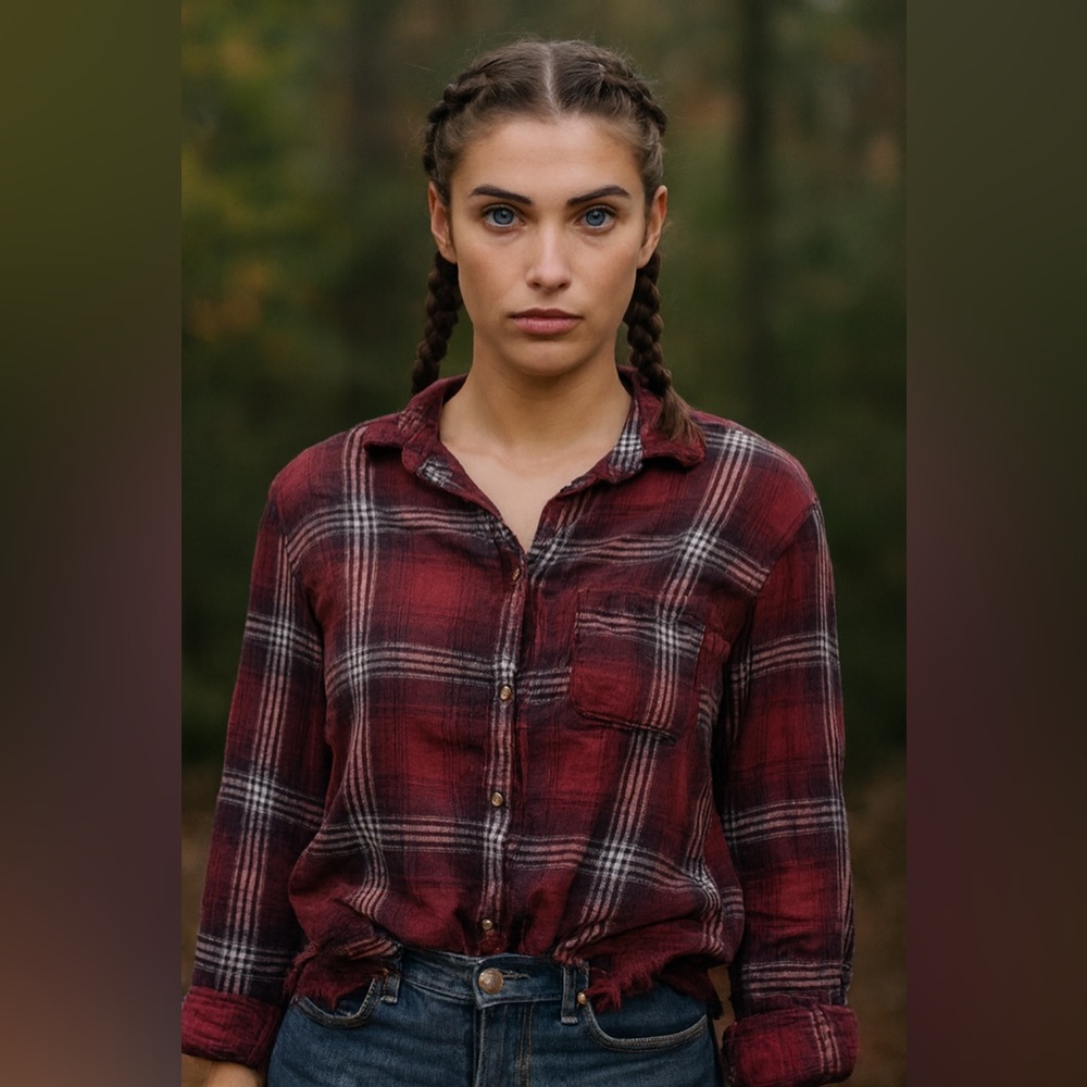 American Eagle Outfitters Burgundy Plaid Oversized Fit Button Down Shirt